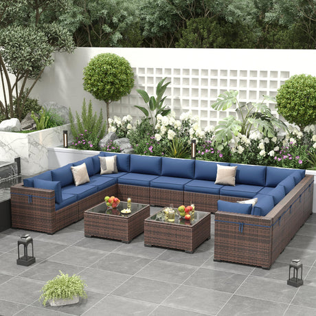 Amopatio Outdoor Patio Furniture Set, 14 Pieces PE Wicker Pit Sectional Sofa with Blue Cushions, Coffee Tables, All-Weather Covers, Patio Conversation Sets Fits Patio Deck Balcony Yard Amopatio