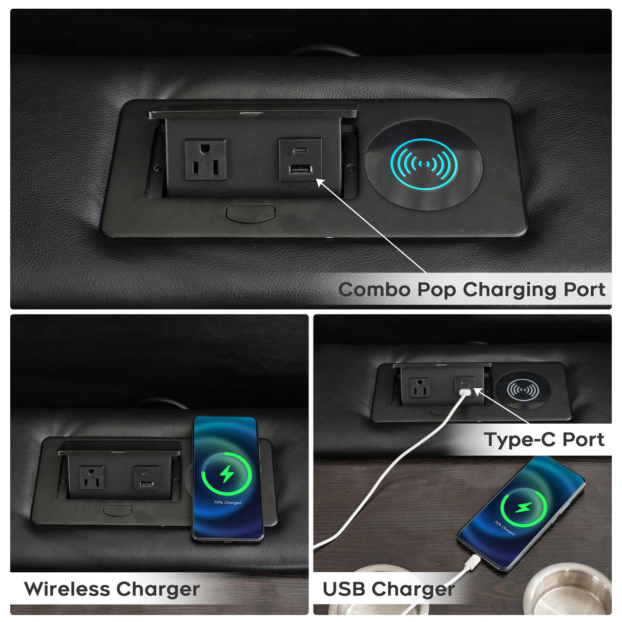 Power Recliner Sofa Set 5-Seater with Zero Gravity,Bass Speaker,Wireless Charger,USB/Type-C Ports,LED Lights,Cup Holders,Faux Leather Electric Reclining Loveseat Couch Recliner Sets,2 Piece,Black Comfort Stretch