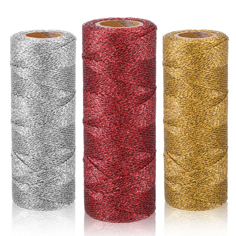 3 Rolls Christmas Decorative String Metallic Bakers String Wrapping Twine Strings Metallic Ornament Thread Glitter Strings for DIY Crafting Christmas Decor Gift Wrapping-Red/Gold/Silver DSLSQD