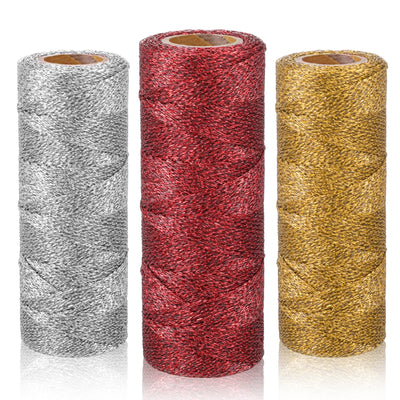 3 Rolls Christmas Decorative String Metallic Bakers String Wrapping Twine Strings Metallic Ornament Thread Glitter Strings for DIY Crafting Christmas Decor Gift Wrapping-Red/Gold/Silver