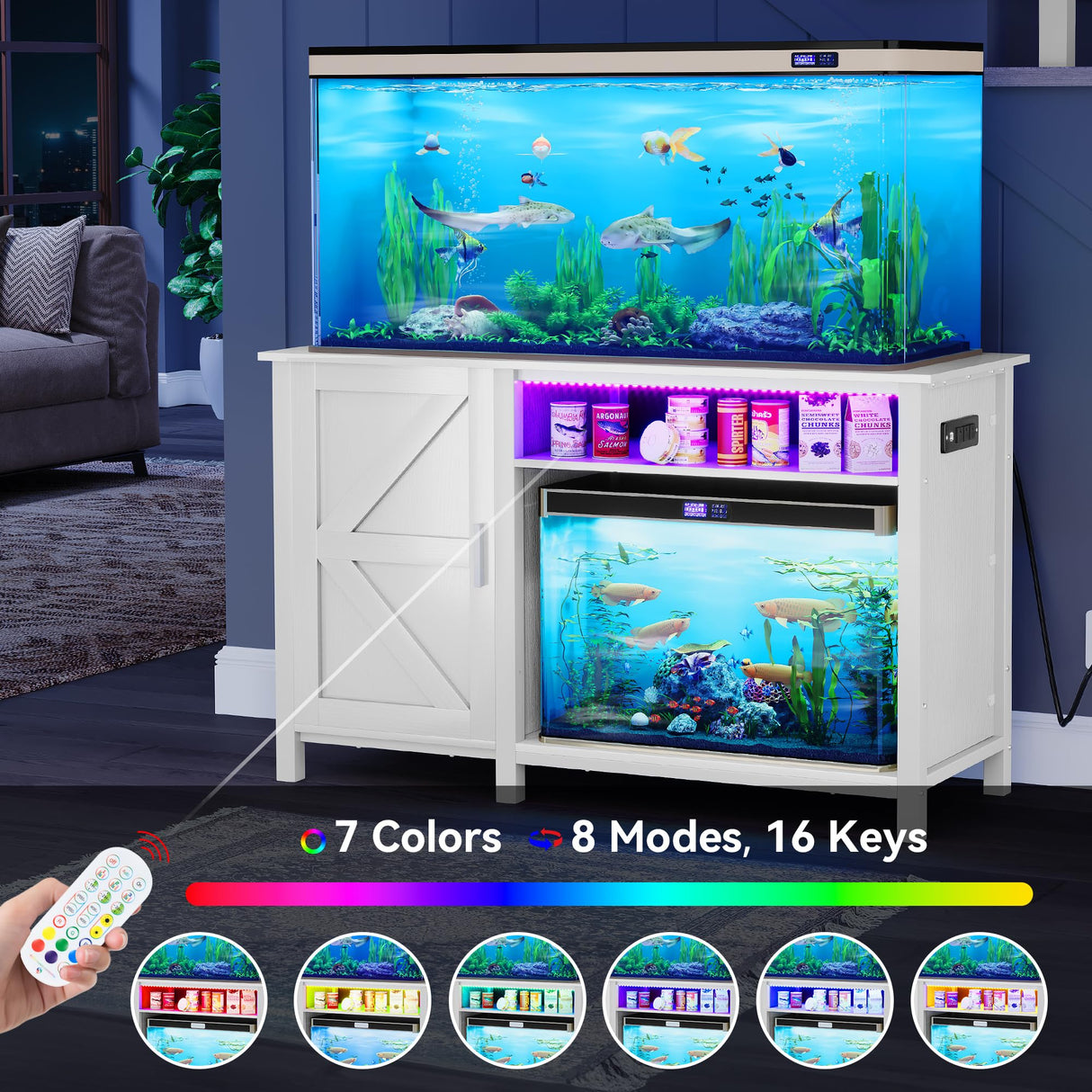 YITAHOME Aquarium Stand with Power Outlets, 55-75 Gallon Fish Tank Stand, Cabinet with RGB Light Strip Suitable for Turtle Tank, Reptile Terrarium, 900LBS Capacity,White YITAHOME