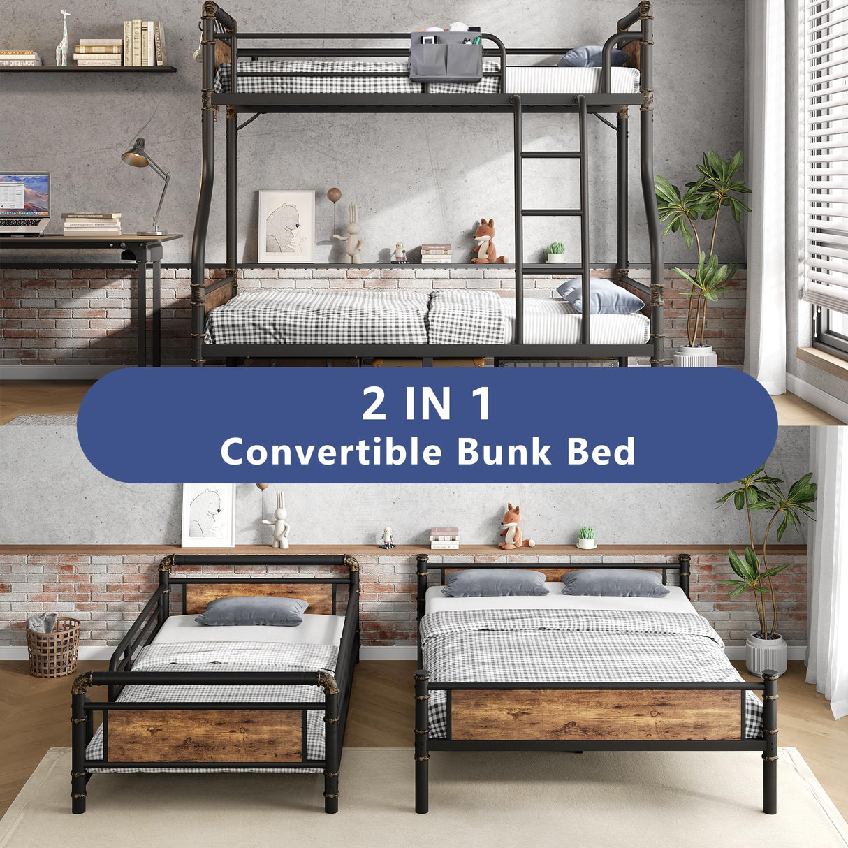 Jocoevol Metal Bunk Bed Twin Over Full, Industrial Bunkbeds Heavy Duty Bed with Safety Guard Rails and Space-Saving Design, Steel Bed for School, Bedroom (Vintage Brown) Jocoevol