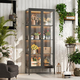 UNICOLY Display Cabinet with Glass Doors, Glass Display Cabinet with 3 Color LED Lights, Curio Display Cabinet with 3 Shelves for Living Room, Plant, Display Shelf, Assembly Required, Black UNICOLY