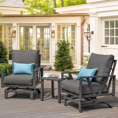 COMLAX FIELD Outdoor Patio Porch Furniture Set, 3 Pieces Patio Bistro Conversation Set with Coffee Table, Metal Patio Motion Rocker Chairs, Grey - WoodArtSupply