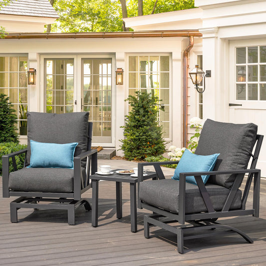 COMLAX FIELD Outdoor Patio Porch Furniture Set, 3 Pieces Patio Bistro Conversation Set with Coffee Table, Metal Patio Motion Rocker Chairs, Grey - WoodArtSupply