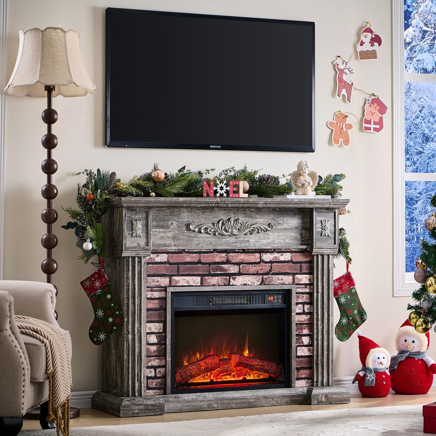 43" Electric Fireplace with Mantel, Electric Fireplace Heater, TV Stand w/Freestanding Electric Fireplace, Stacked Stone Surround, Remote Control, Adjustable Flame Level for Living Room-Light Grey