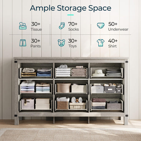 LINSY HOME Dresser for Bedroom with 9 Drawers, 59” Wide Chest with Deep Drawer, Modern Farmhouse Dresser TV Stand with Metal Handles, Wood Storage Cabinet for Closet, Living Room, Hallway, Wash Grey LINSY HOME