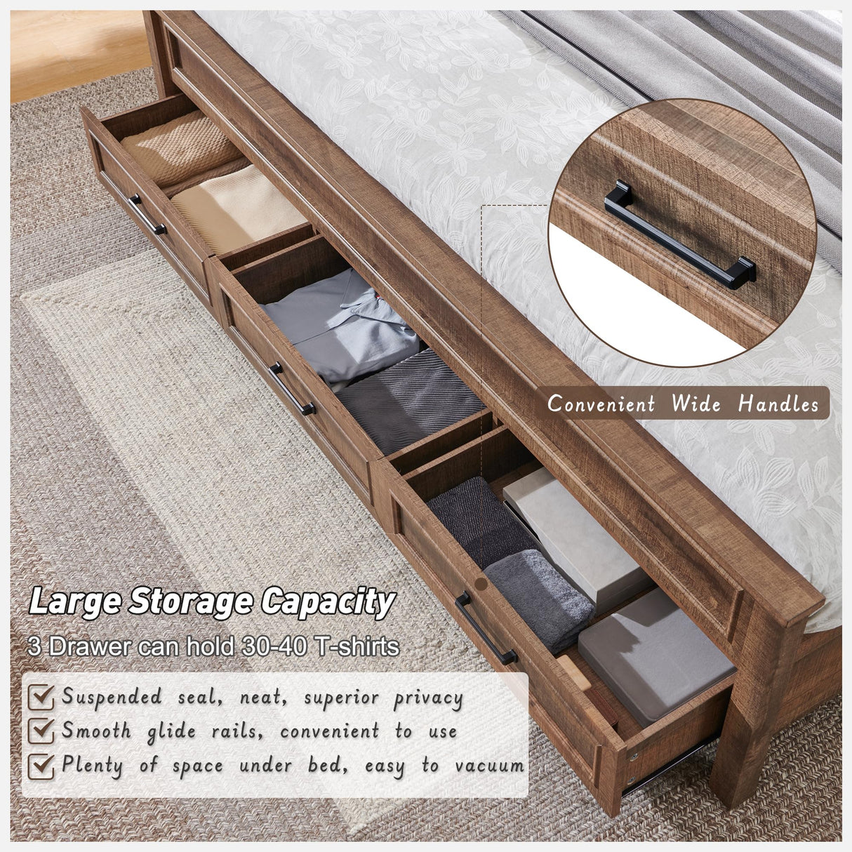 ACCOHOHO Farmhouse Queen Size Bed Frame with 52" Tall Full-Panel Headboard, Wood Platform Bedframe with Footboard and Storage Drawers, No Squeak, No Box Spring Needed, Light Brown ACCOHOHO