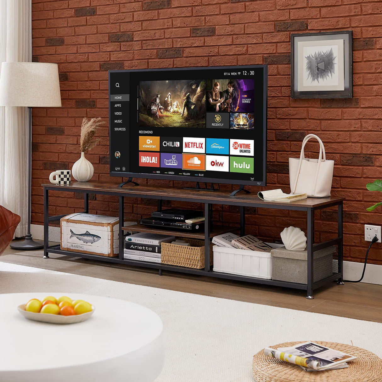 VECELO TV Stand with Power Outlets for Televisions up to 80 Inch,70" Media Entertainment Center with Charging Station 3-Tier Open Storage Shelves with Metal Frame for Living Room/Bedroom，Brown VECELO