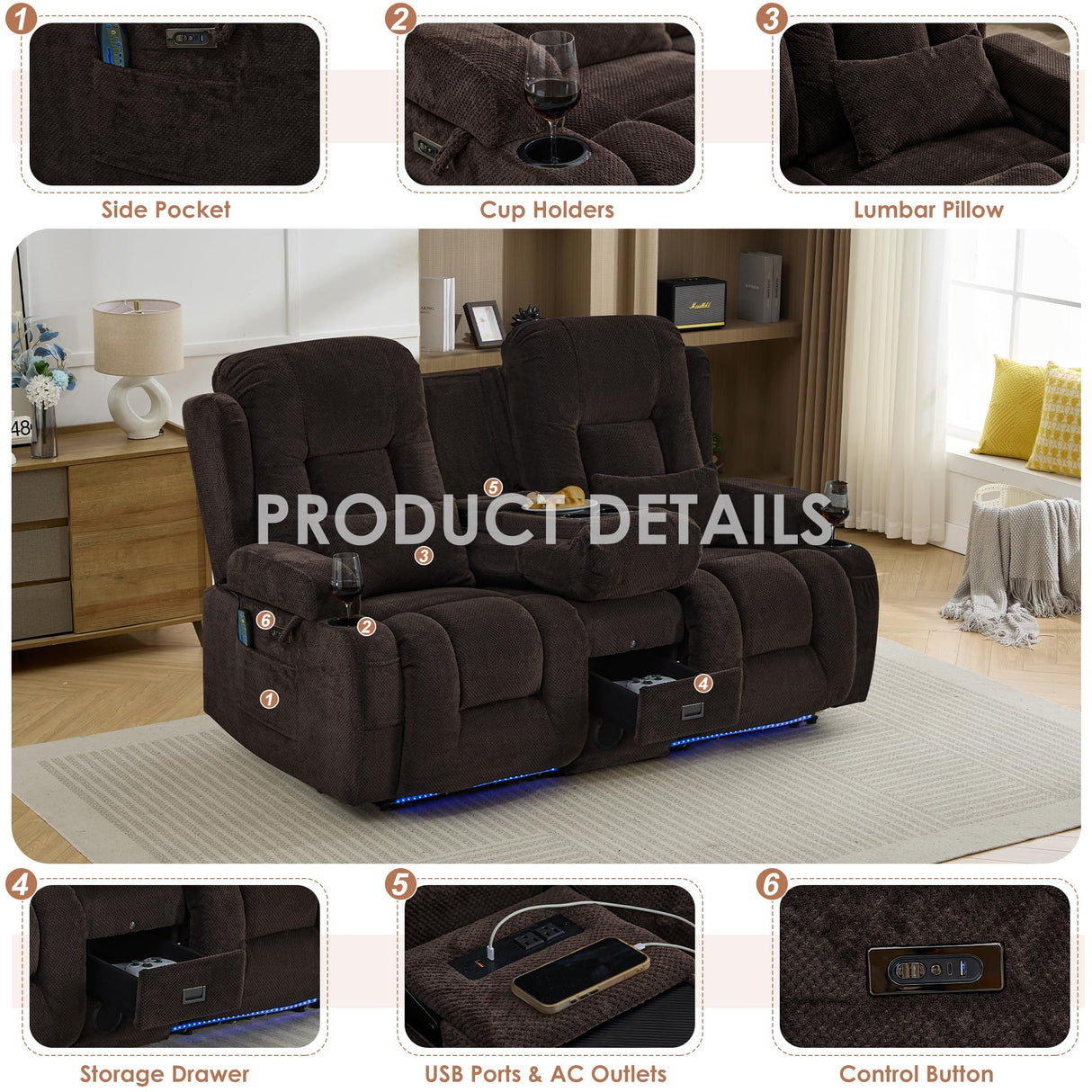 TUNYI Wall Hugger Power Loveseat Recliner - Reclining Loveseat with Console Theater Seating RV Recliner Sofa with USB/Outlet/Speaker/Cup Holder/LED Light/Storage (Beibei VelvetBrown) TUNYI