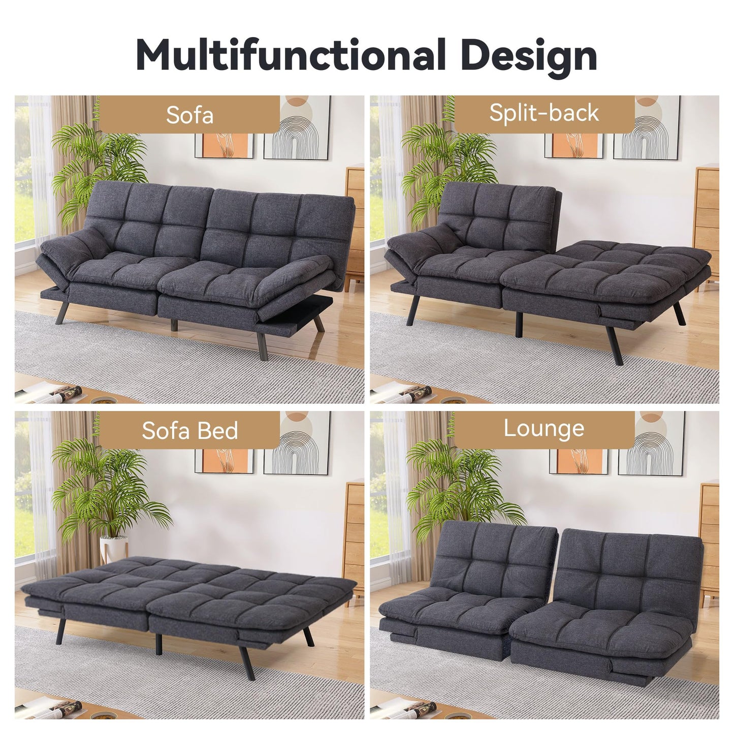 AMICLIBER Memory Foam Futon Sofa Bed Couch,Linen Fabric Convertible Futon Sofa Couch,Loveseat Sleeper Sofa Bed,Small Splitback Modern Sofa Bed for Living Room,Office,Apartment,Deep Grey - WoodArtSupply