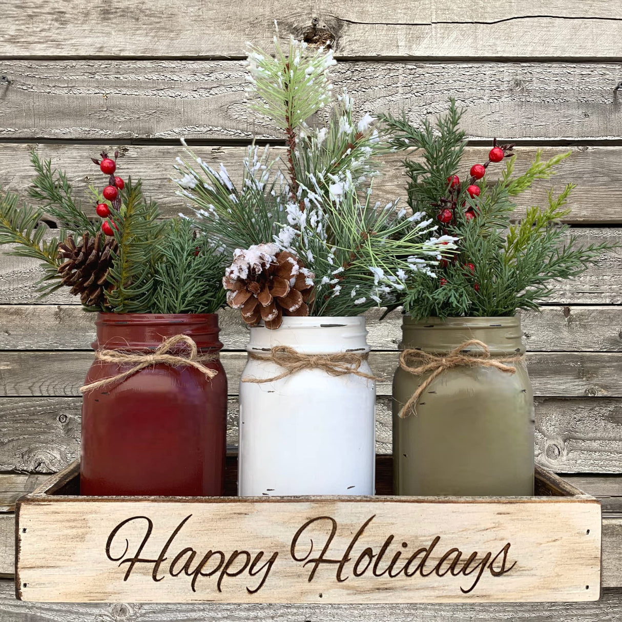 Personalized Name Established Date CUSTOM Tray ENGRAVED Wood Mason Canning Pint Quart JARS & Florals Optional Centerpiece Kitchen Table Decor Distressed Rustic Housewarming Wedding Anniversary Decor Wooden Hearts Inc