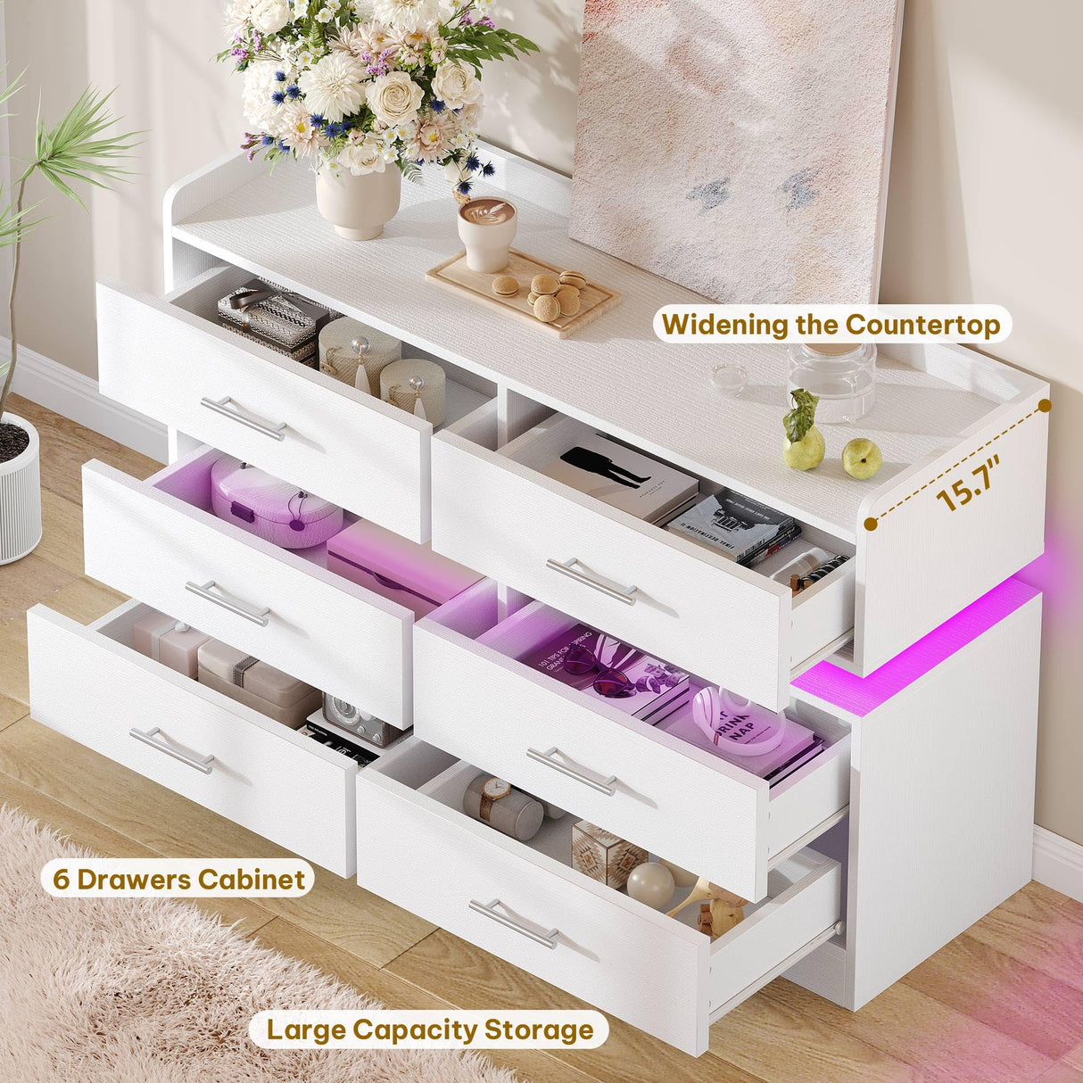 DWVO 6 Drawer Dresser with LED Light, Modern Dresser Chest of Drawers for Closet, Wide Drawer Organizer Cabinet with Top Storage Shelf, White DWVO