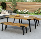 Christopher Knight Home 3 Piece Patio Dining Table,Acacia Wood Table Bench Dining Set,2 Wood Benches with 69'' Large Dining Table,Industrial Style Dining Furniture Set for Outdoor Deck, Yard, Porch Christopher Knight Home