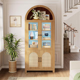 IRONCK Arched Bookshelf with Glass Door, 75" Tall Bookcase with LED, 6 Tier Storage Cabinet with Rattan Door, Large Pantry Cabinet for Living Room Kitchen Office IRONCK