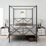 JURMERRY Full Size Canopy Bed Frame with Metal Headboard and Footboard Modern Style Steel Bed Platform Heavy Duty Slats Bed, Black JURMERRY
