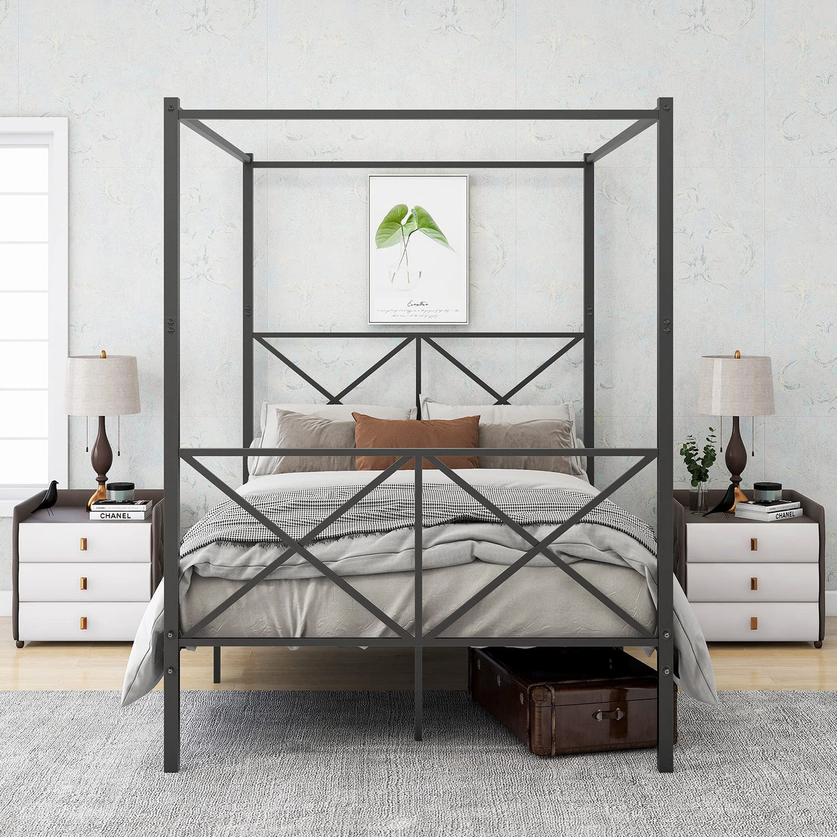 LUMISOL Metal Canopy Bed Frame Full, Four Posters Platform Bed Frame with X-Shaped Headboard and Footboard, No Box Spring Needed, Black LUMISOL