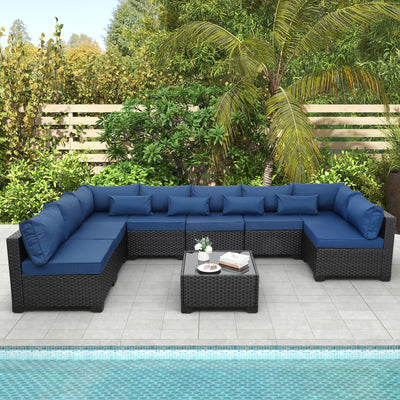 Rattaner 9 Pieces Outdoor Sectional All-Weather Wicker Patio Furniture Set Patio Sectional and Glass Patio Table Non-Slip Cushions and Waterproof Covers, Navy Blue