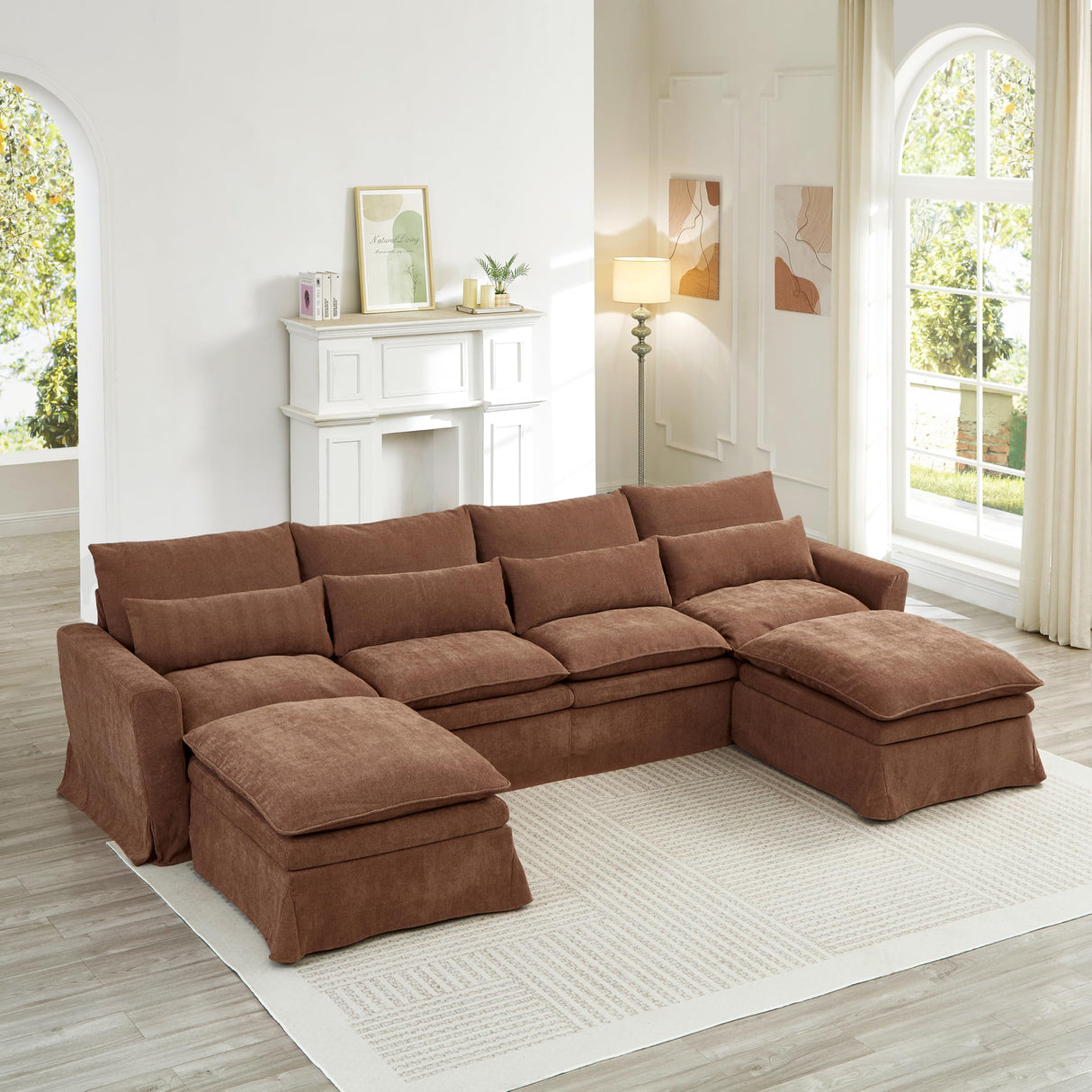 N NOORDENIYA 122″ Oversized Modular Sectional Sofa with Movable Ottoman, 6-Seat Deep Seat Sofa with Individual Sofa Covers, U Shaped Couch for Living Room, Bedroom, Apartment, Fabric, Brown N NOORDENIYA