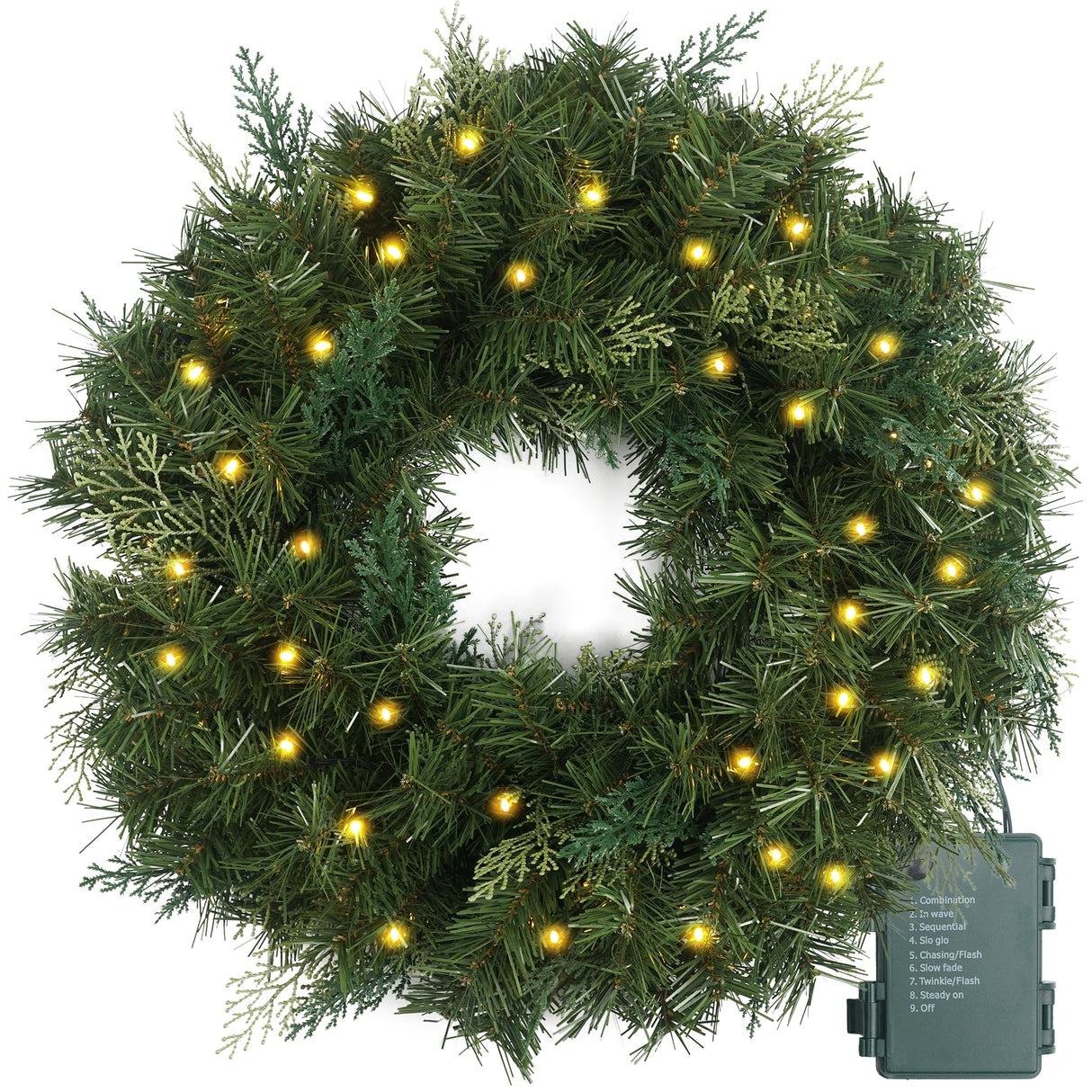 Christmas Wreath Pre-lit 24 inch with 50 Led & Cupressus Tips, Battery Operated Artificial Christmas Wreaths for Front Door with Timer Lights, Wreath for Christmas Decoration Door Windows Wall Green HomeKaren