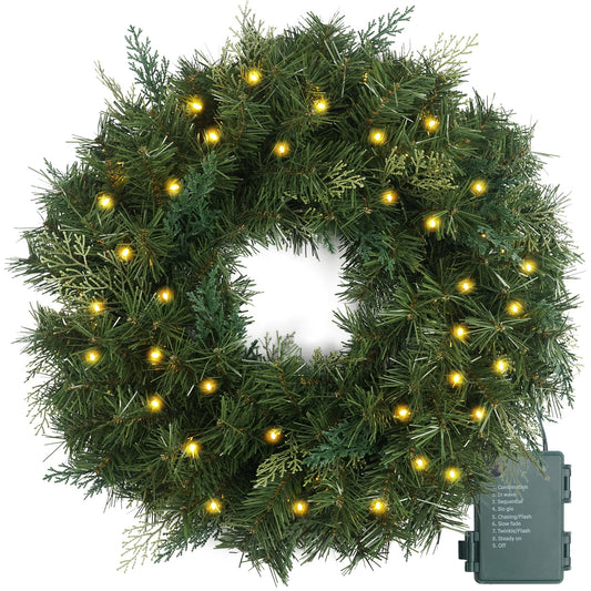 Christmas Wreath Pre-lit 24 inch with 50 Led & Cupressus Tips, Battery Operated Artificial Christmas Wreaths for Front Door with Timer Lights, Wreath for Christmas Decoration Door Windows Wall Green