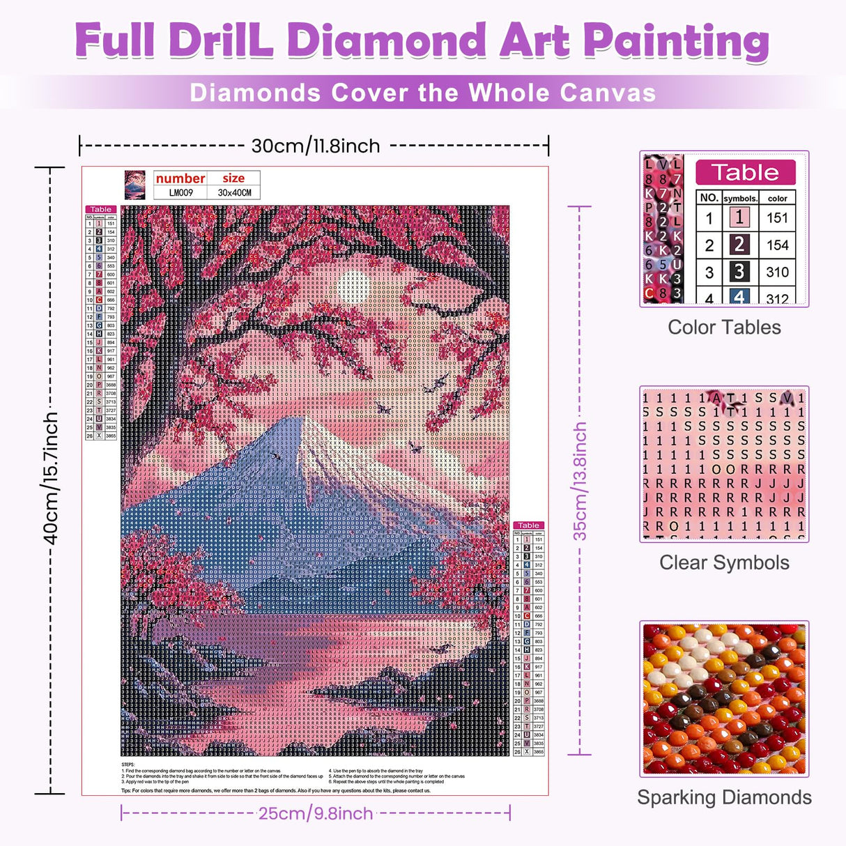 MOGTAA Cherry Blossom Landscape Diamond Art Kits for Adults, 5D Full Drill Diamond Painting Kits for Adults Beginners, DIY Mountains Round Diamond Dots for Adults, Gem Art for Home Decor 12 X 16Inch MOGTAA