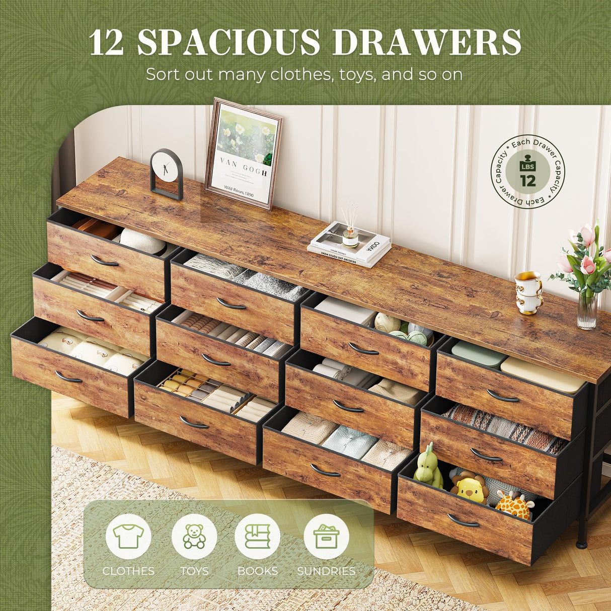 Huuger 70 Inch Dresser for Bedroom, TV Stand for 65, 75, 80 Inch TV, 12 Drawer Long Dresser, Large Dresser for Bedroom, Wide Chest of Drawer with Storage, Fabric Drawer for Living Room, Rustic Brown Huuger