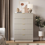 MAISONARIA 5 Drawer Dresser for Bedroom, Tall Dresser Chest of Drawers with Gold Handles, 32 Inch Wide Nightstand with for Bedroom, Living Rooms, Offices, and Entryways, Beige MAISONARIA