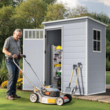 DWVO Outdoor Storage Shed, All-Weather Resin Plastic Storage Shed with Windows, Slanted Roof, Raised Floor, Capacity for Garden Tools & Equipment, Ideal for Backyard & Garden DWVO