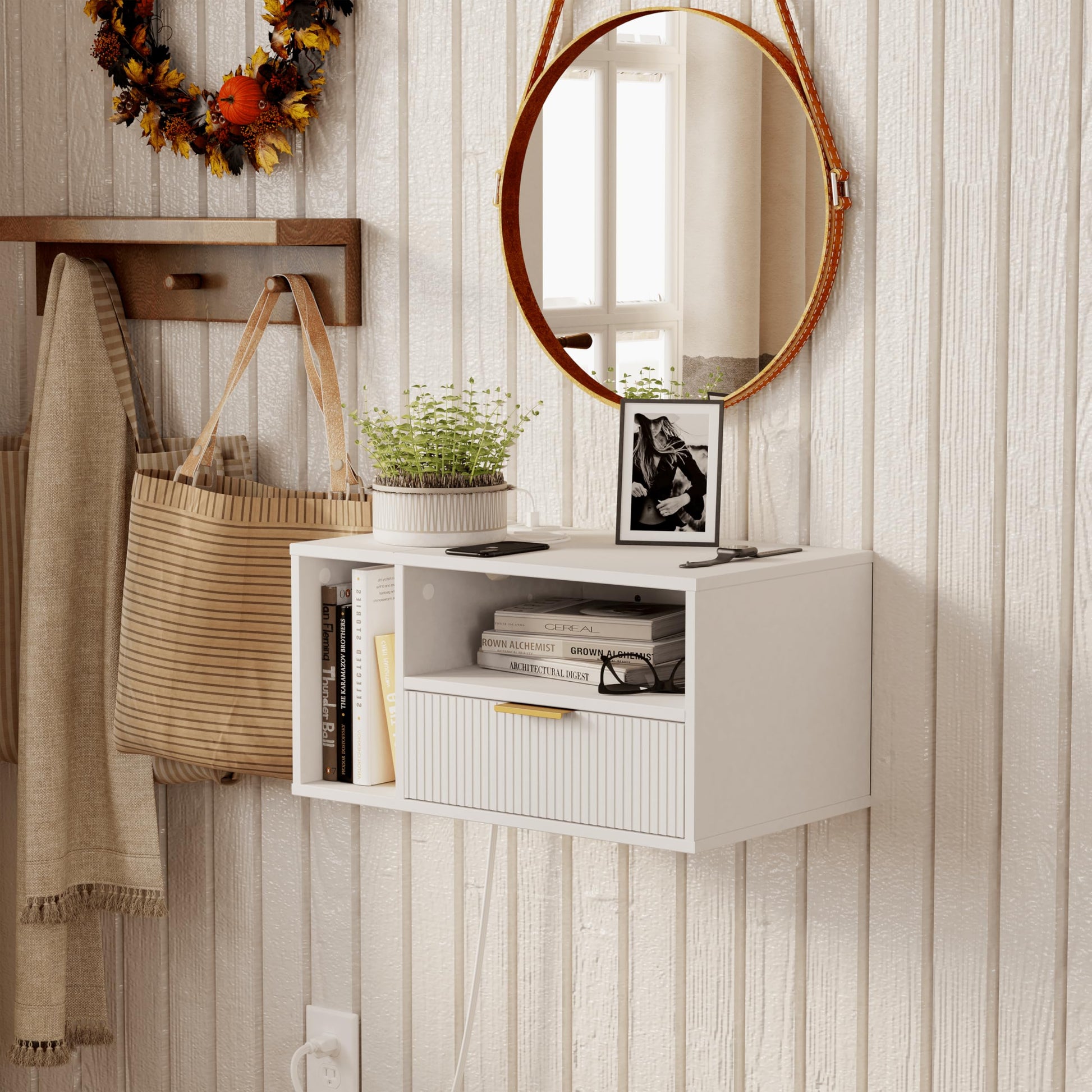 Veegle White Floating Nightstand with Charging Station and LED Lights,White - WoodArtSupply