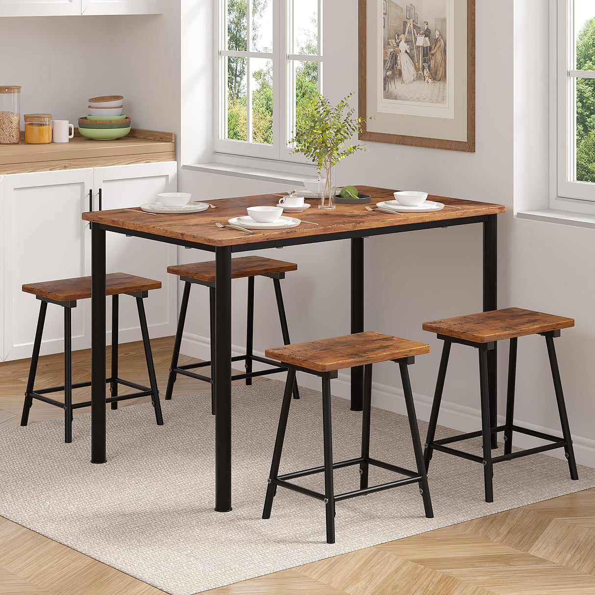 VECELO Kitchen Table and Chairs for 4, Dining Room Set with Chairs/Stools, Heavy-Duty Metal Frame with Wooden Tabletop for Small Spaces, Easy Assembly, Antique Brown VECELO