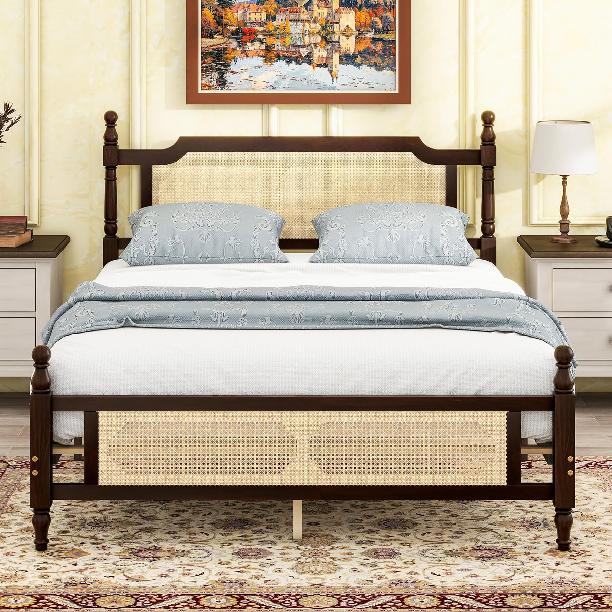 KEIKI Queen Size Wood Platform Bed Frame with Rattan Headboard ＆ Footboard, Modern Bed with Under-Bed Storage ＆ Central Support Feet, Slat, Easy Assembly, No Box Spring Required, for Bedroom, Espresso KEIKI