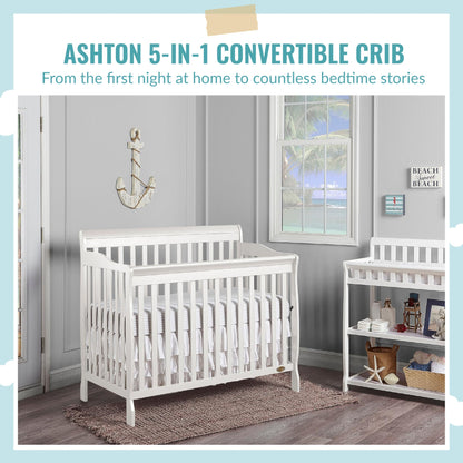 Dream On Me Ashton 4-In-1 Convertible Crib In White, Greenguard Gold, JPMA Certified, Non-Toxic Finishes, Features 4 Mattress Height Settings, Made Of Solid Pinewood