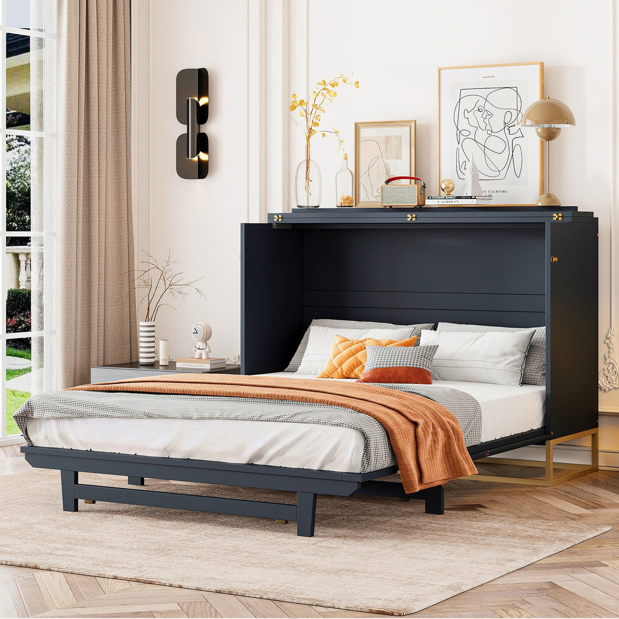 Queen Size Murphy Bed with Frosted Glass Doors,Fake Drawers and Metal Legs,for Small Spaces Apartments Studio Guest Room Use (Black#b, Queen) Brabrety