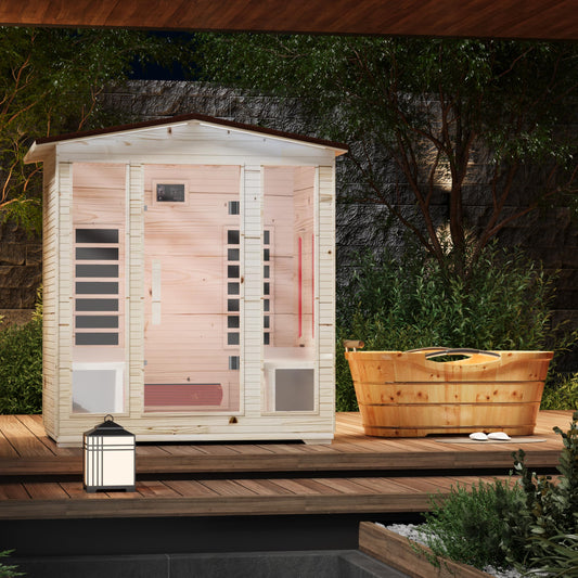 BNEHS Outdoor Sauna 4 Person,Full Spectrum Infrared Sauna,Home Sauna with 10 Minutes Warm Up Heating Tubes & Panels,Personal Wooden Sauna Room with Bluetooth Speaker,3060Watt - WoodArtSupply