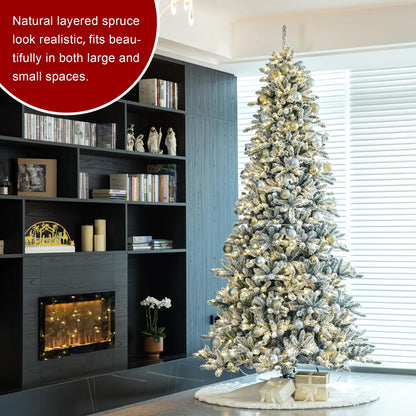 Glitzhome 10ft Pre-Lit Flocked Fir Artificial Christmas Tree with 750 Warm White Lights, Full Size Large Xmas Tree for Holiday New Year Party Home Decor