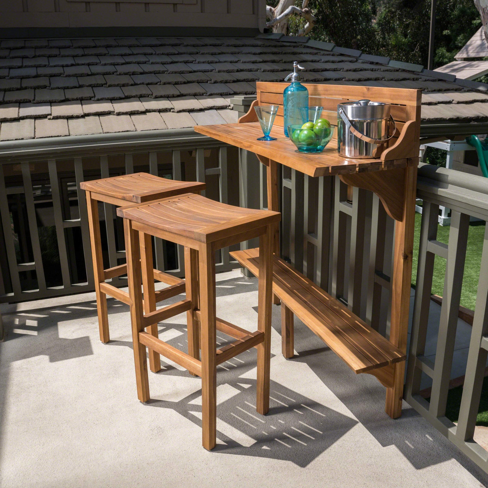 Christopher Knight Home Caribbean Outdoor Acacia Wood Balcony Bar Set, 3-Pcs Set, Natural Stained Light Brown - WoodArtSupply