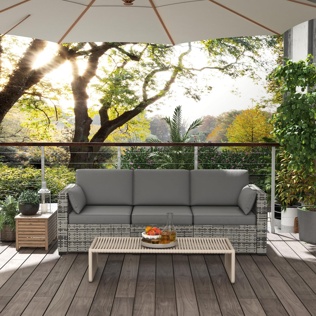 Outsunny Patio Couch PE Wicker Deep Seating Outdoor Sofa with Removable Cushions, 3 Seater Rattan Sofa, Outdoor Furniture for Balcony, Deck, Garden and Poolside, Gray Outsunny