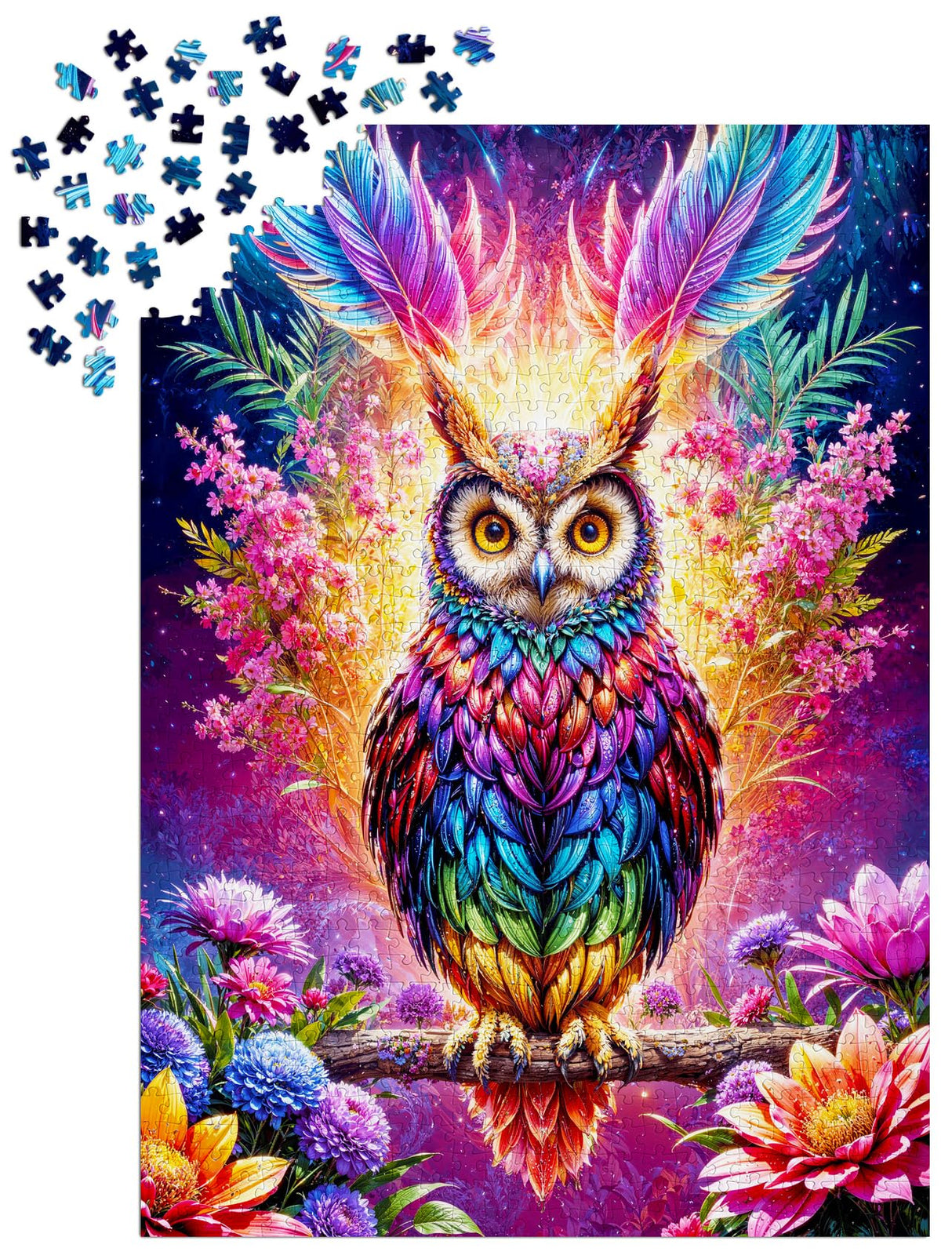 1000 Pieces Jigsaw Puzzle for Adults – Matte Finish, Soft Touch, Sturdy and Unique Pieces, Tight Fit, Vivid Colors, Missing Pieces Service – Magical Owl in Floral Fantasy Illustration by ENJOY Puzzle ENJOY Puzzle