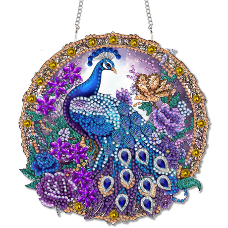 Reofrey Hanging Diamond Art Kits for Adults - 8x8 Inch Peacock Animal Acrylic Board Double Sided Pattern Diamond Painting Suncatcher Pendant, Crystal Art for Home Wall Window Decoration Handmade Gift Reofrey