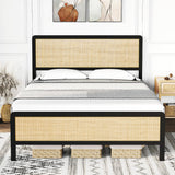 Amyove Full Size Bed Frame with Natural Rattan Headboard, Bohemian Platform Bed Frame with Strong Metal Slats Support, Boho Cane/Mattress Foundation/No Box Spring Needed Amyove
