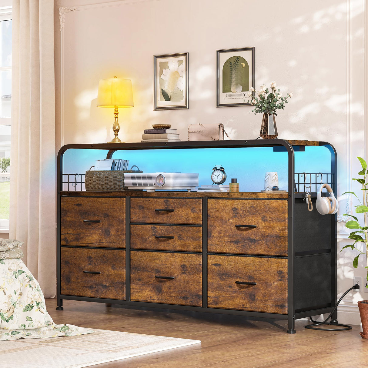 EnHomee Dresser for Bedroom with LED Lights & Charging Station, 7 Drawer Dresser with Open Shelf, Fabric Bedroom Dressers & Chest of Drawers for Closet, Entryway, Hallway, 4 Hooks, Rustic Brown EnHomee