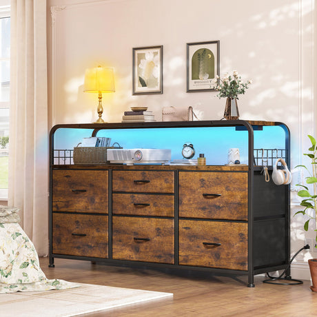 EnHomee Dresser for Bedroom with LED Lights & Charging Station, 7 Drawer Dresser with Open Shelf, Fabric Bedroom Dressers & Chest of Drawers for Closet, Entryway, Hallway, 4 Hooks, Rustic Brown EnHomee