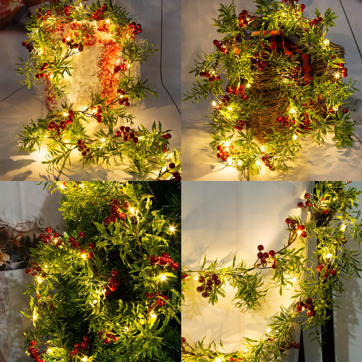 5.9FT Artificial Christmas Garland String Lights with 162 Snowy Red Berries 55 Green Leaves 20 LED Lights Battery Operated for Xmas Mantle Indoor Outdoor Holiday Christmas Thanksgiving Decoration LAWOHO