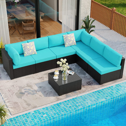 Shintenchi 7 Pieces Outdoor Patio Sectional Sofa Couch, Black PE Wicker Furniture Conversation Sets with Washable Cushions & Glass Coffee Table for Garden, Poolside, Backyard (Blue) - WoodArtSupply