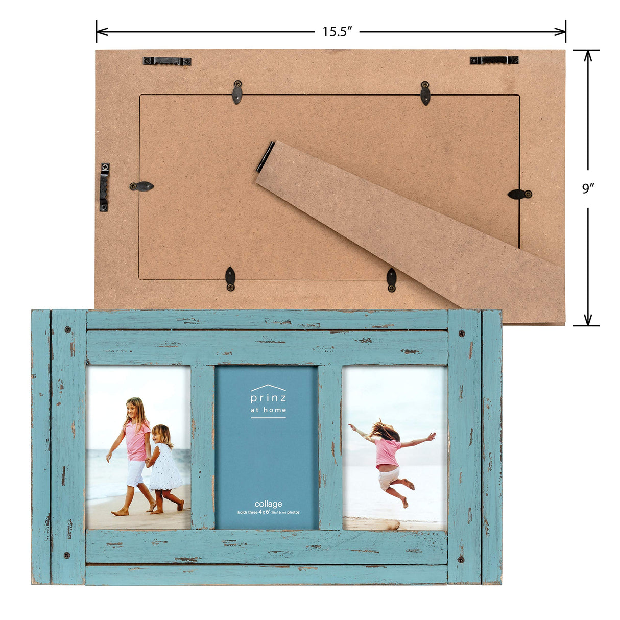Prinz Homestead Blue Three-Picture Frame, 4 x 6 Distressed Wood Collage Frame, Wooden Rustic Decor, Two-Way Easel, Can Be Wall-Mounted, 15.5 x 0.75 x 9.1 Inches Prinz