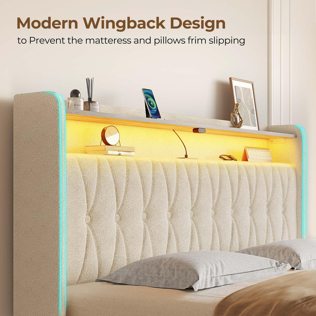 Rolanstar Twin Bed Frame with Drawer, Storage Headboard with Charging Station and LED Lights, Upholstered Bed with Heavy Duty Wood Slats, No Box Spring Needed, Noise Free, Easy Assembly, Beige Rolanstar