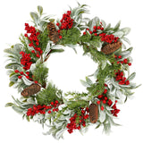 Sggvecsy 19 Inch Artificial Christmas Wreath for Front Door Flocked Lambs Ear Wreath with Red Berries Pine Needles Pinecones Christmas Decorations for Wall Outdoor Home Holiday Xmas Decor Sggvecsy