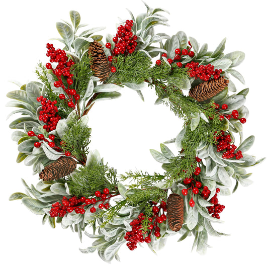 Sggvecsy 19 Inch Artificial Christmas Wreath for Front Door Flocked Lambs Ear Wreath with Red Berries Pine Needles Pinecones Christmas Decorations for Wall Outdoor Home Holiday Xmas Decor