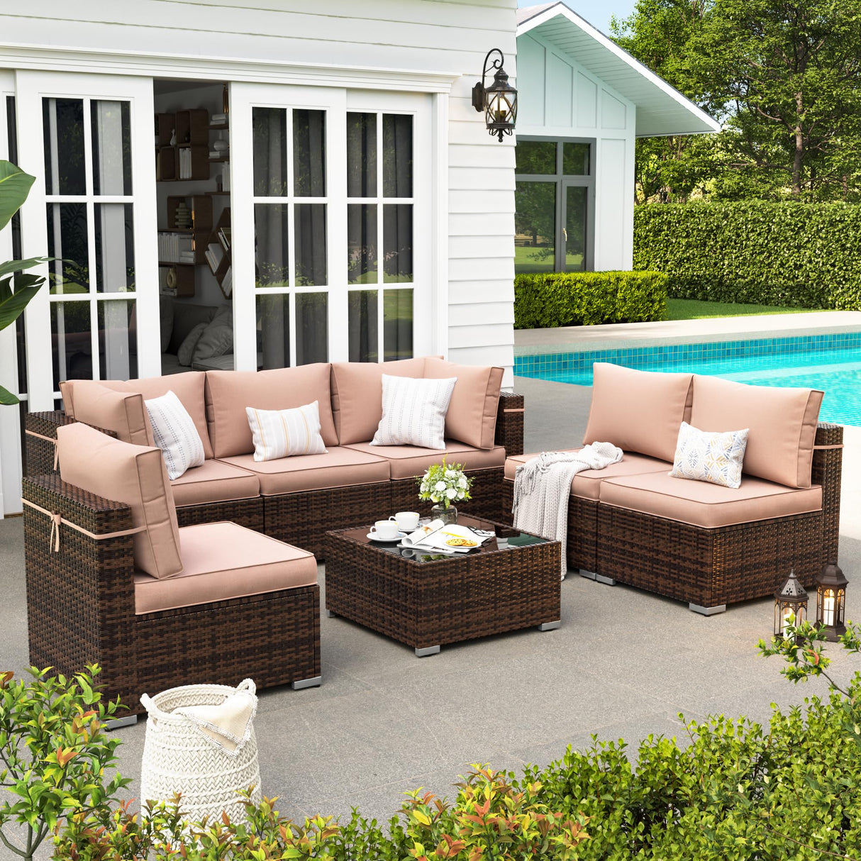 VONZOY Patio Furniture Set, 7-Piece Outdoor Sectional with Waterproof Cover, All-Weather Wicker Patio Conversation Sets for Backyard (Brown with Beige Cushion) VONZOY
